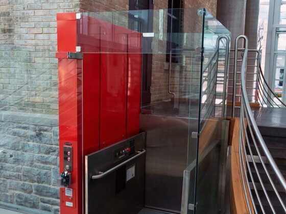 A red drive tower adds a touch of color to this V-1504 Prestige in a mixed use space